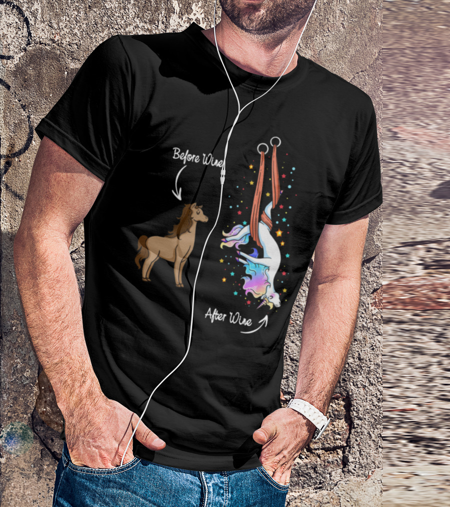 Before Wine Horse After Wine Unicorn With Colorful Stars T-Shirt