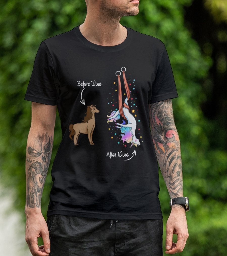 Before Wine Horse After Wine Unicorn With Colorful Stars T-Shirt
