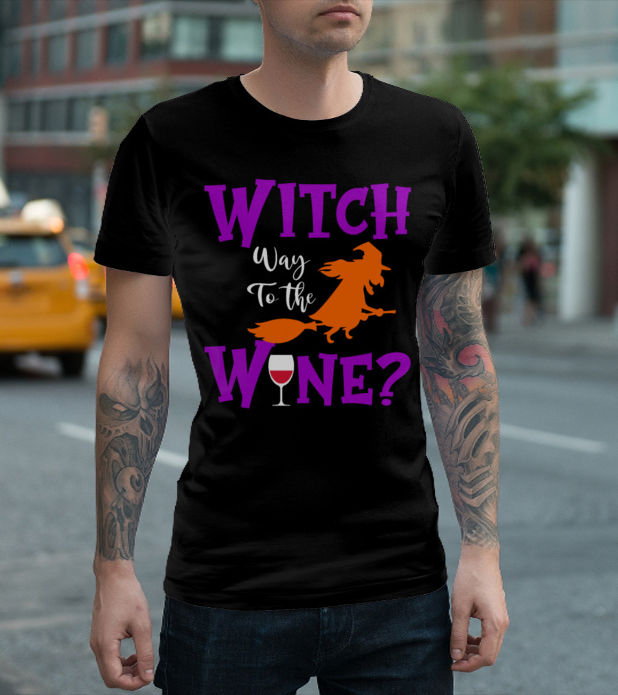 Witch Way To The Wine Flying Witch and Wine Glass T-Shirt