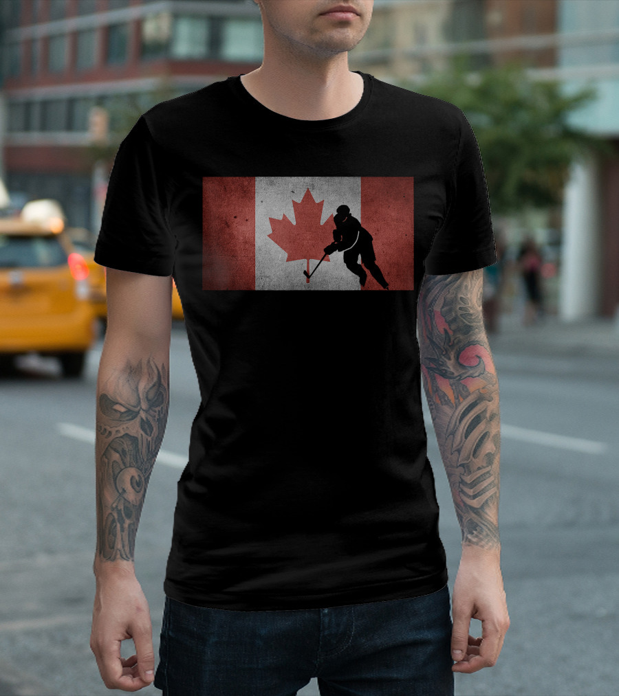 Canadian Hockey Player Silhouette With Canada Flag And Maple Leaf T-Shirt