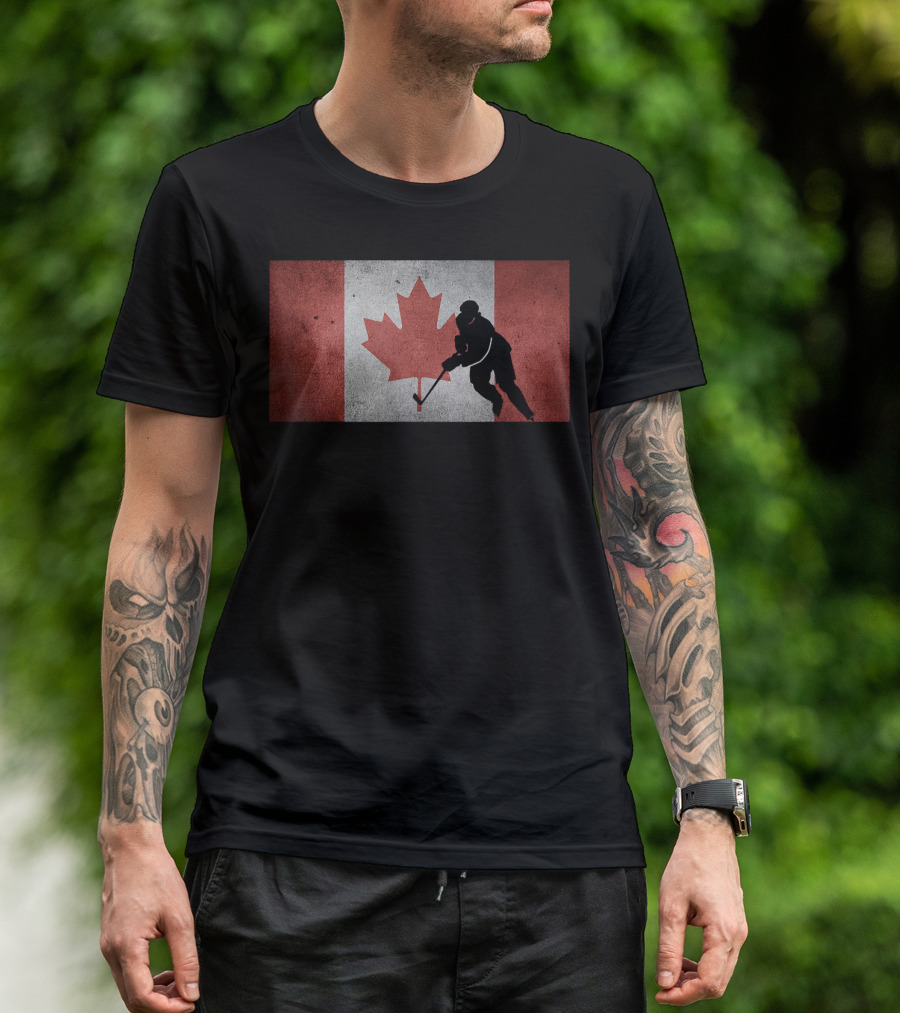 Canadian Hockey Player Silhouette With Canada Flag And Maple Leaf T-Shirt