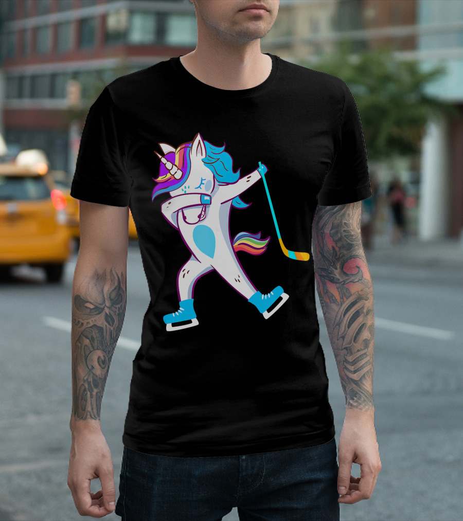 Hockey Dabbing Unicorn with Rainbow Mane and Skates T-Shirt