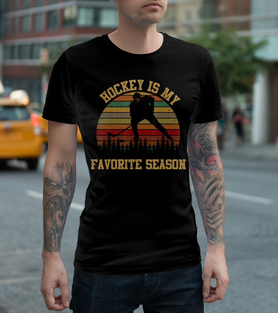 Hockey Is My Favorite Season Retro Striped Player and Forest T-Shirt