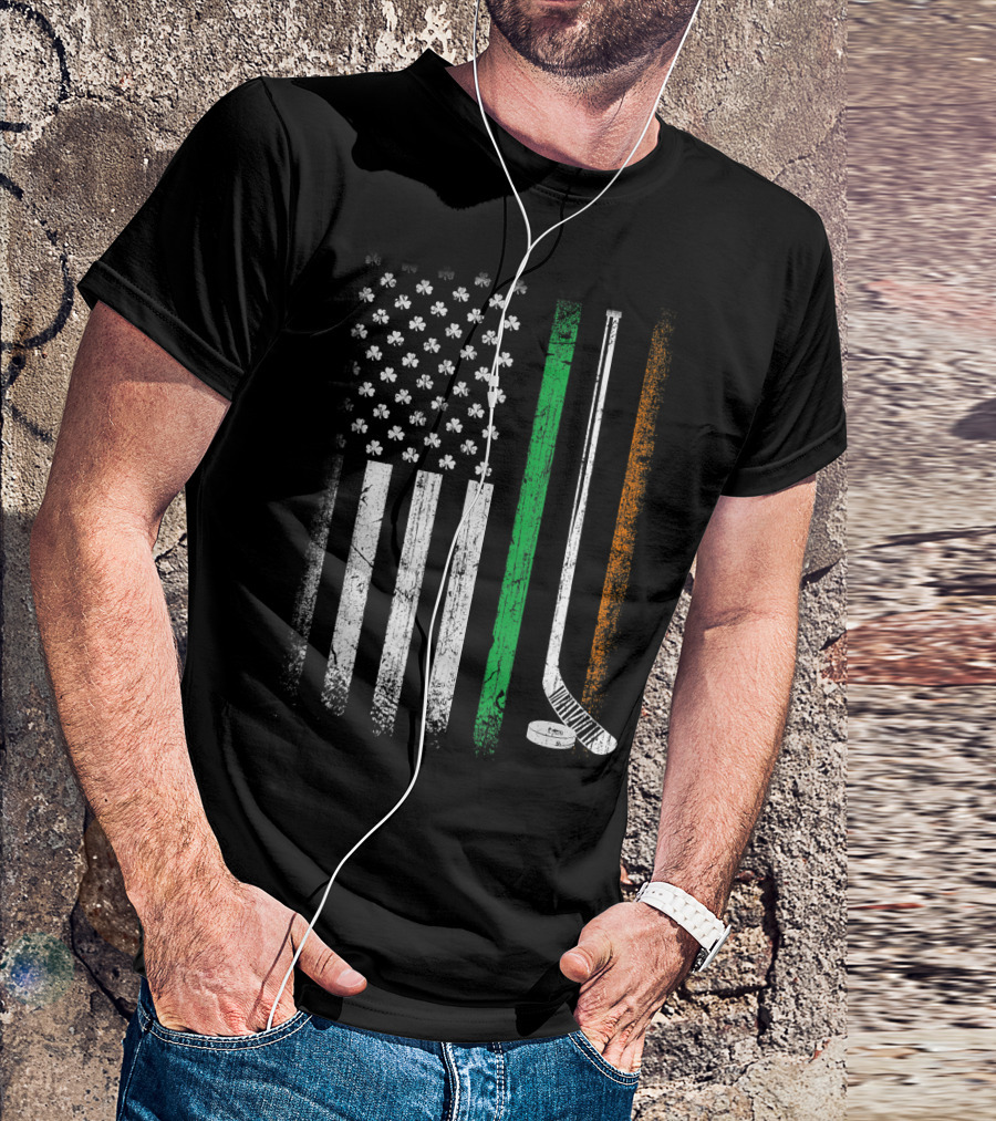 American Flag Ice Hockey St Patrick's Day Shamrock Stripes T-Shirt