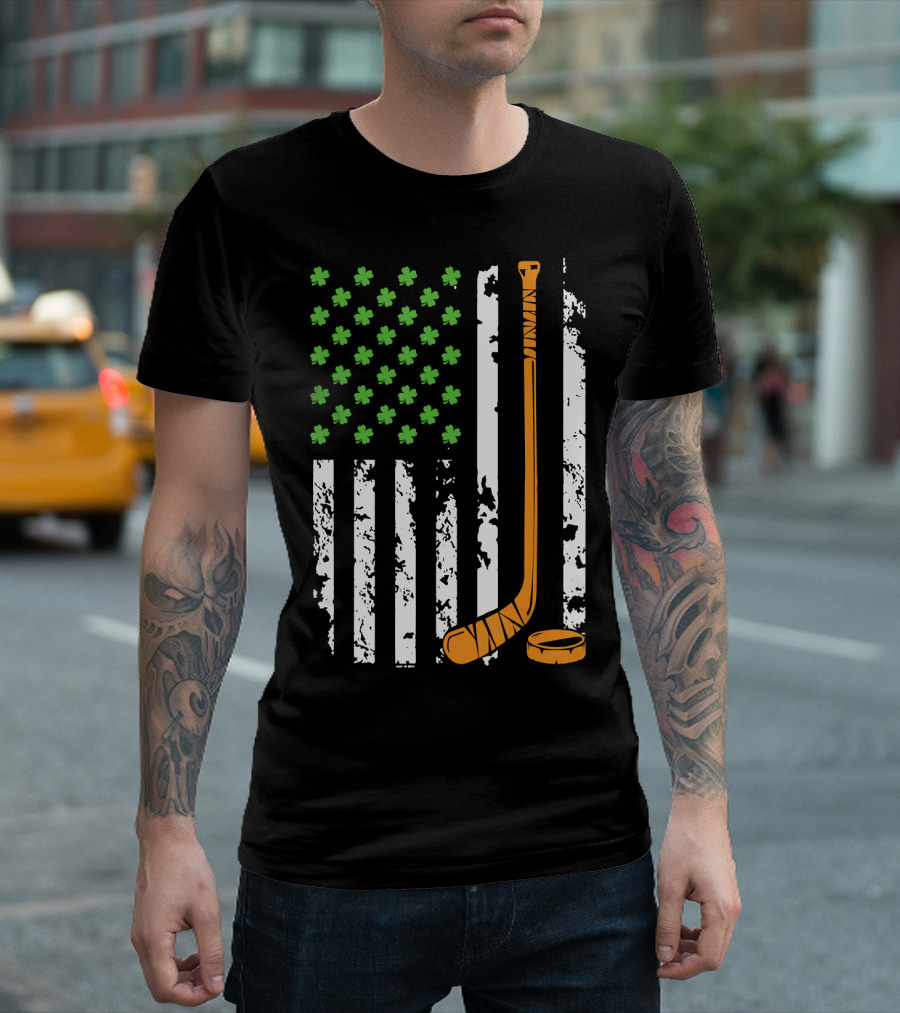 Irish American Hockey Flag St Patrick's Shamrock Stick And Puck T-Shirt