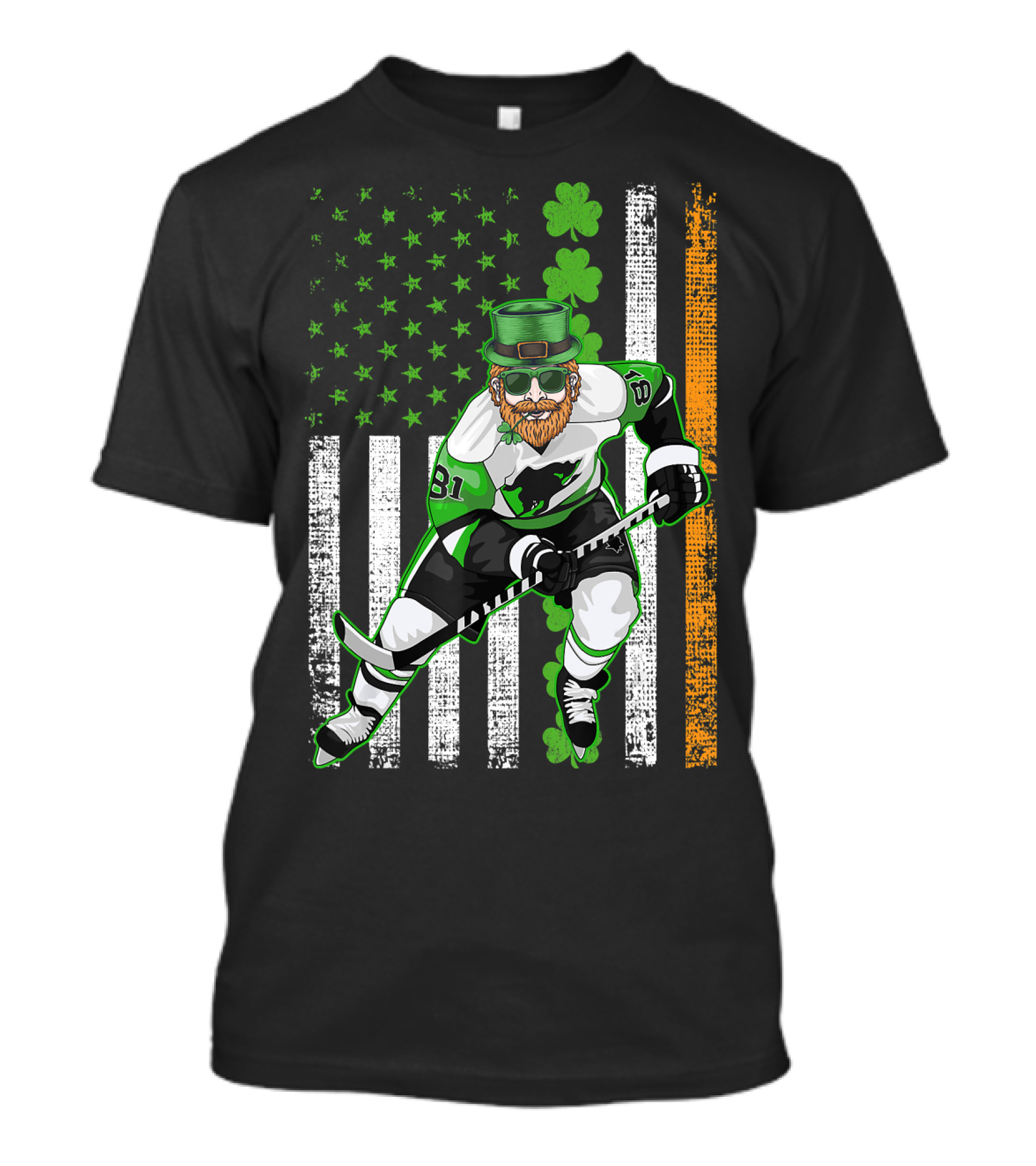 Irish American Flag Lucky Hockey Player With Shamrock And Beard T-Shirt