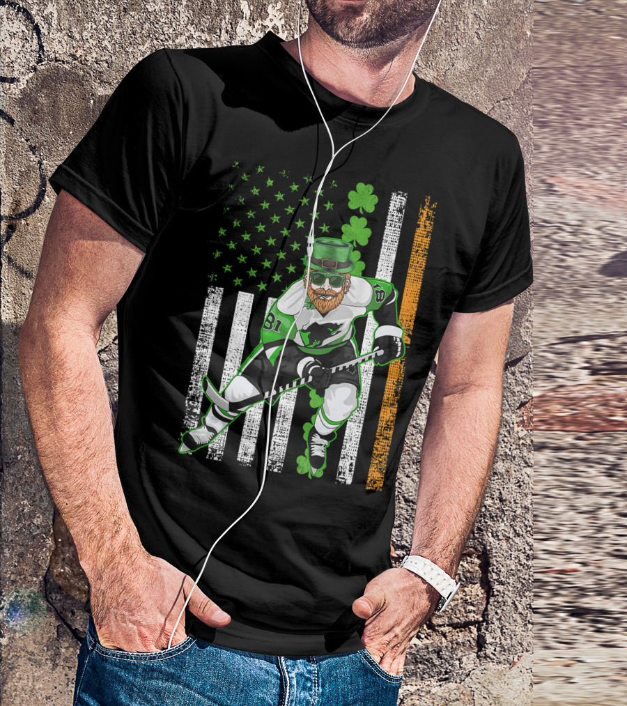 Irish American Flag Lucky Hockey Player With Shamrock And Beard T-Shirt