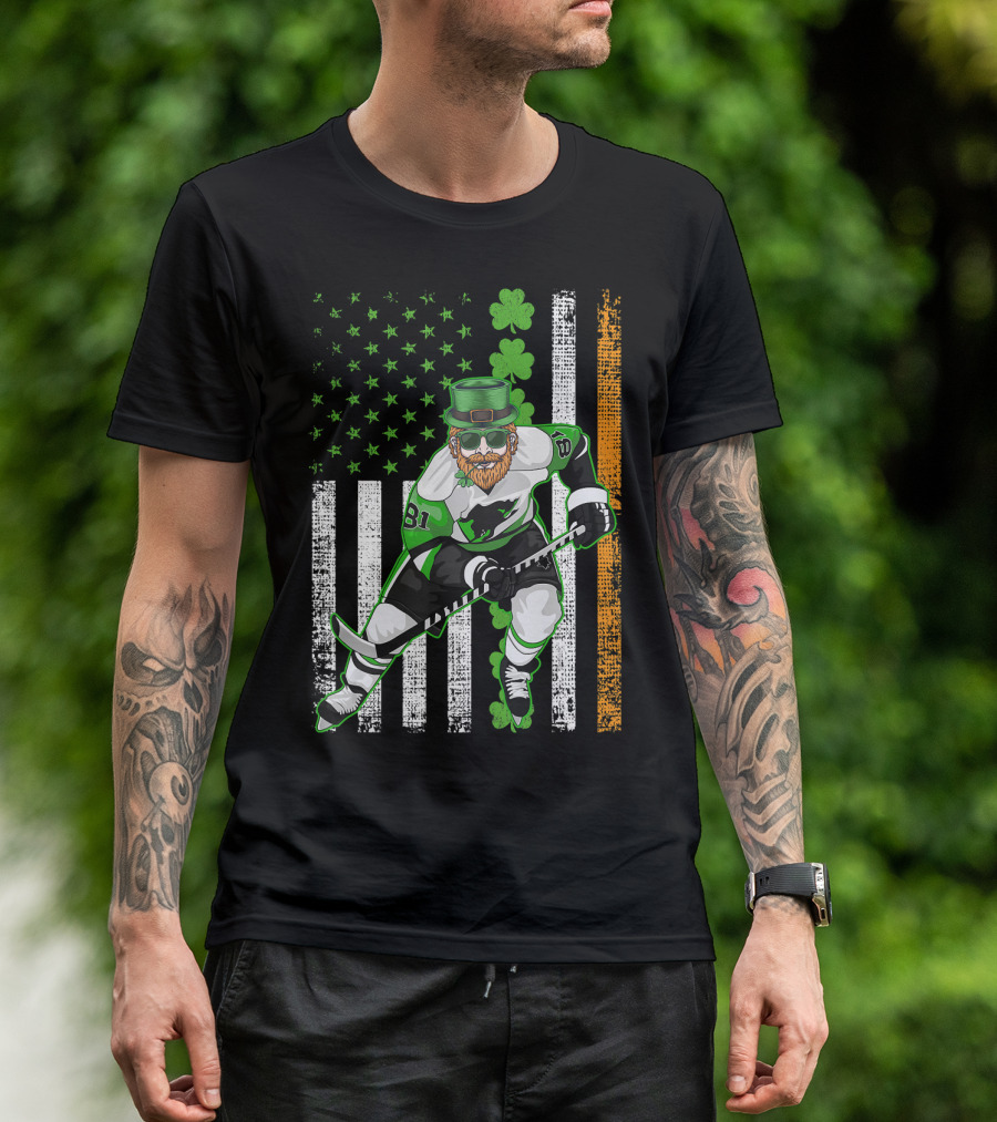 Irish American Flag Lucky Hockey Player With Shamrock And Beard T-Shirt