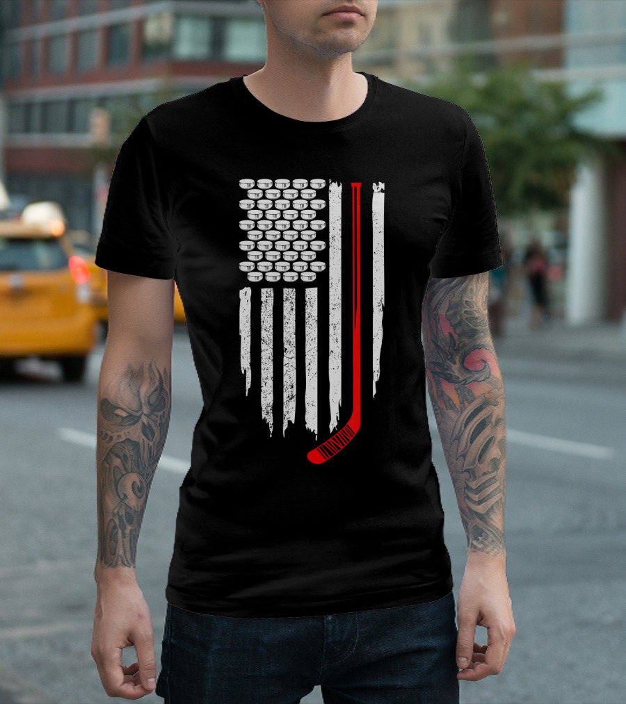 Hockey Fans Red White Flag With Pucks And Stick T-Shirt