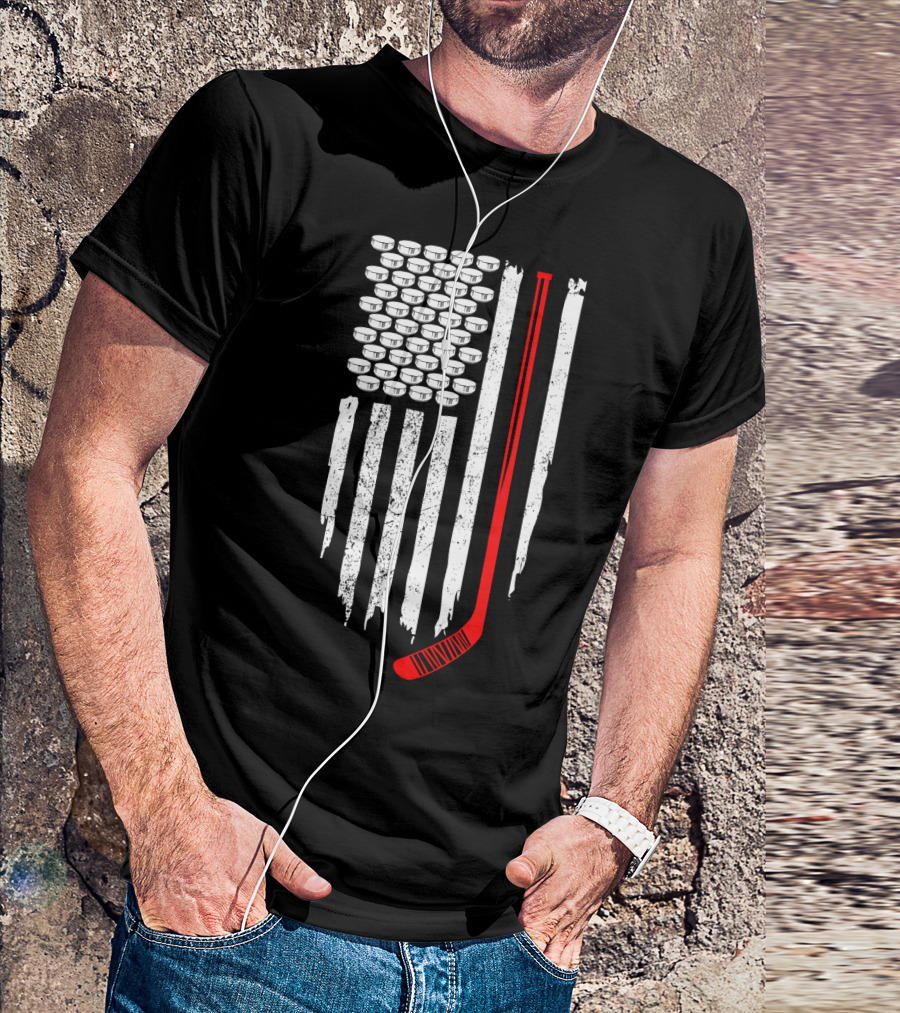 Hockey Fans Red White Flag With Pucks And Stick T-Shirt