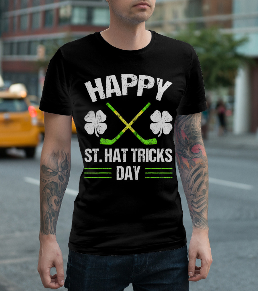 Happy St. Hat Tricks Day Hockey Crossed Sticks And Shamrocks T-Shirt