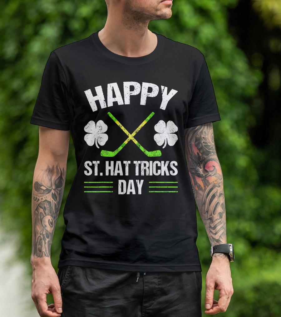 Happy St. Hat Tricks Day Hockey Crossed Sticks And Shamrocks T-Shirt