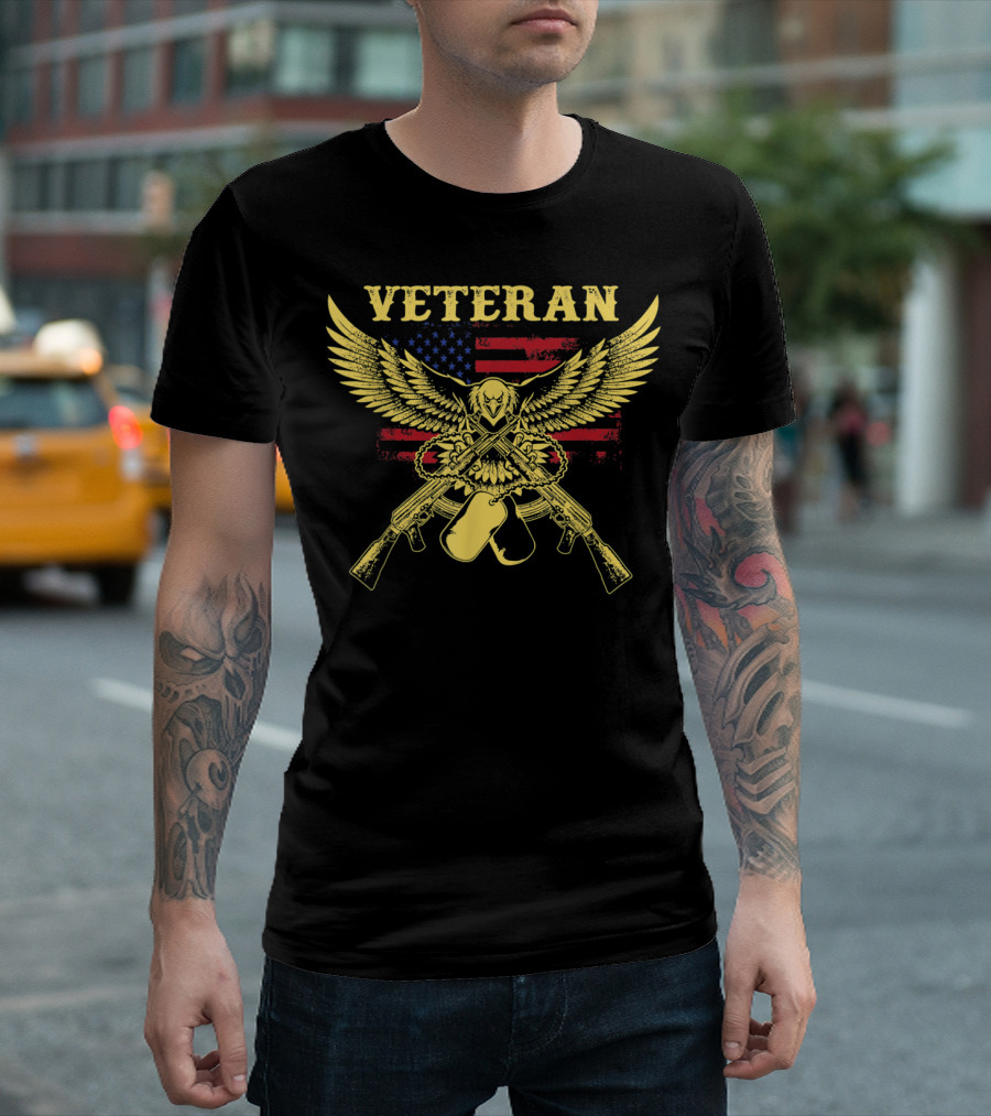 Veteran Bald Eagle American Flag Crossed Rifles And Dog Tags T-Shirt