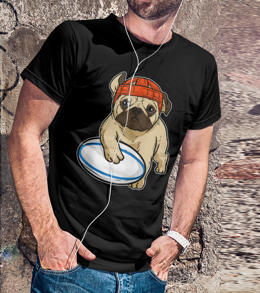 Pug With Rugby Ball Dog Lover Rugby Player T-Shirt