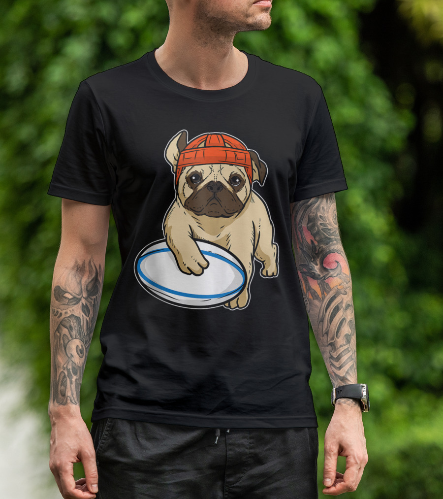 Pug With Rugby Ball Dog Lover Rugby Player T-Shirt