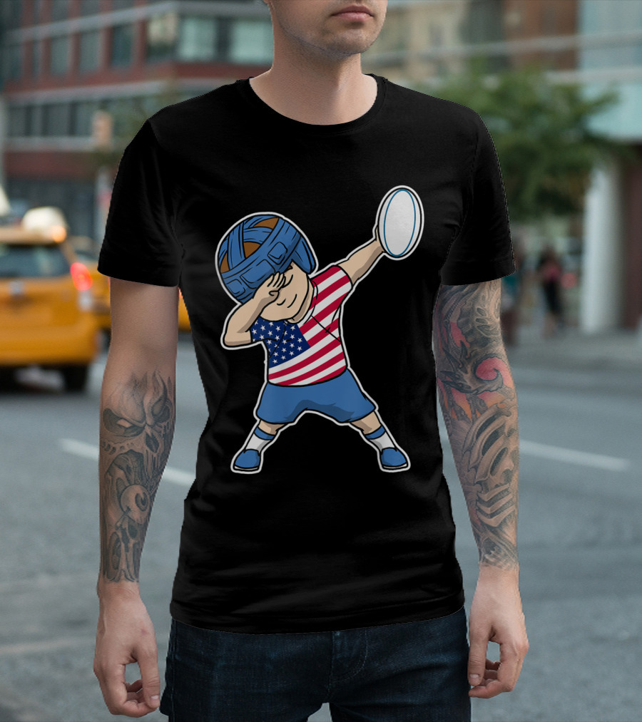 Dabbing Rugby Boy in American Flag Jersey USA T-Shirt