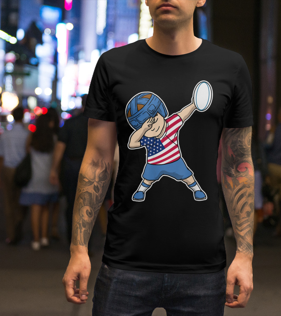 Dabbing Rugby Boy In American Flag Jersey USA T-Shirt