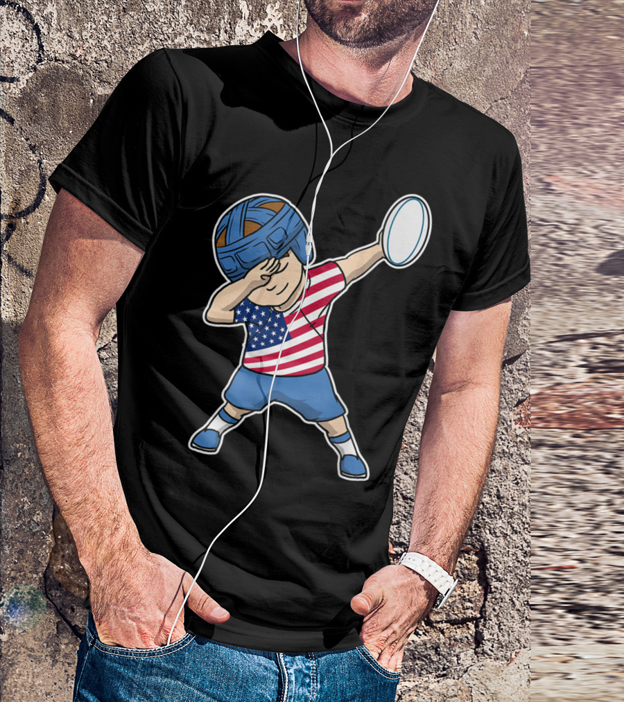 Dabbing Rugby Boy In American Flag Jersey USA T-Shirt