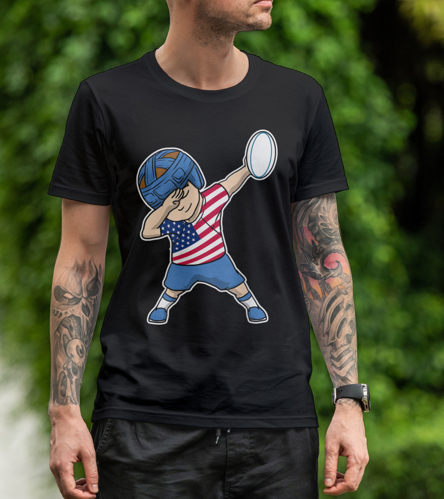 Dabbing Rugby Boy In American Flag Jersey USA T-Shirt