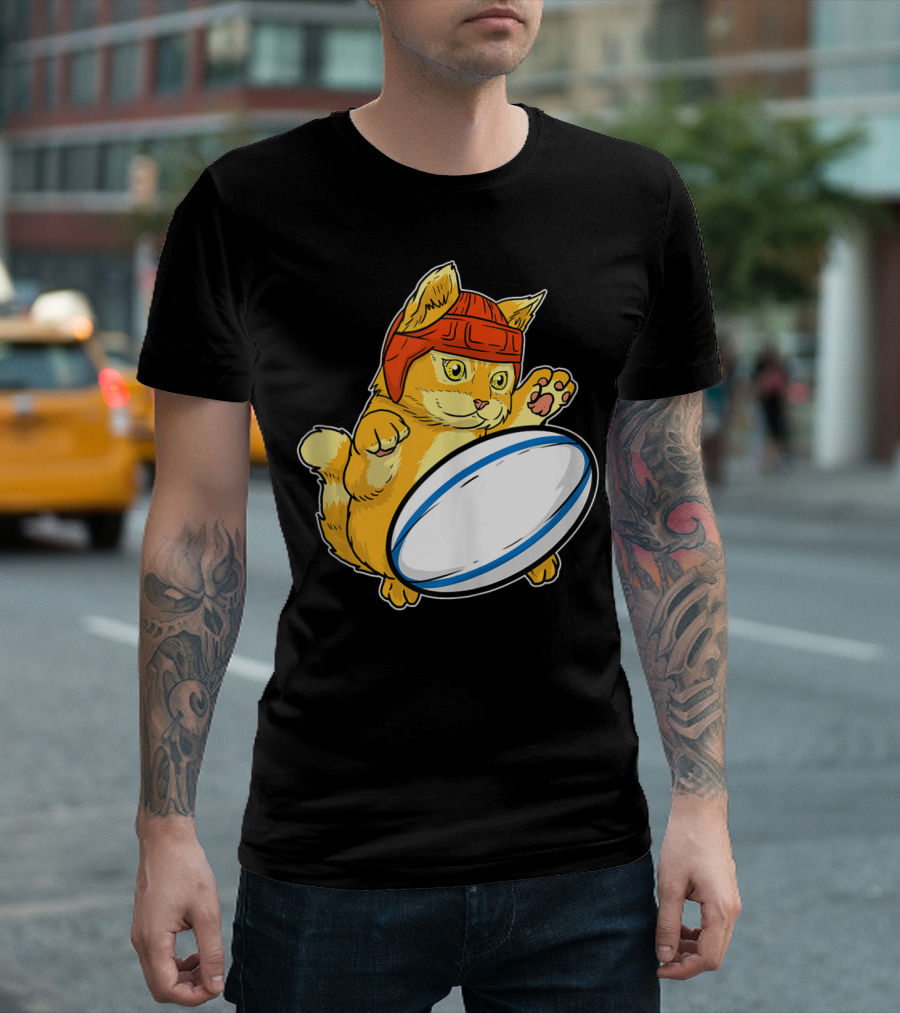 Cute Cat Playing Rugby Kitty Rugby Player Helmet Ball T-Shirt