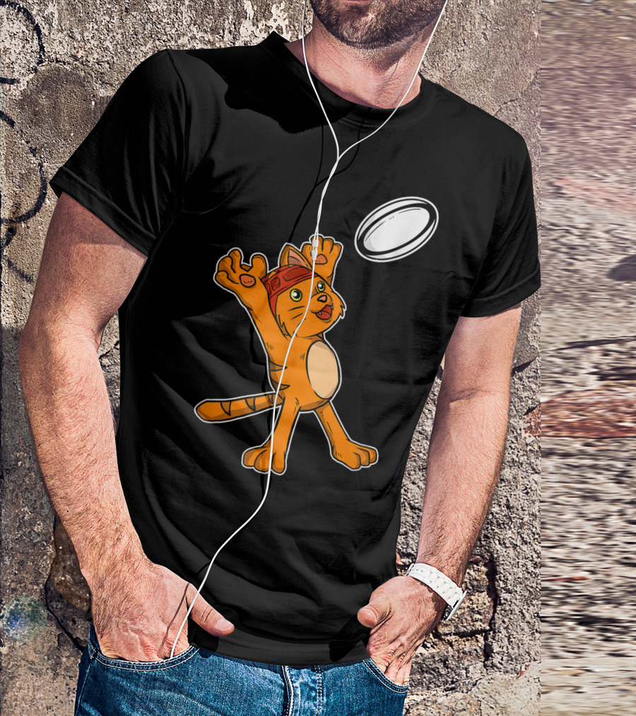 Funny Rugby Player Cat Catching Rugby Ball With Helmet T-Shirt