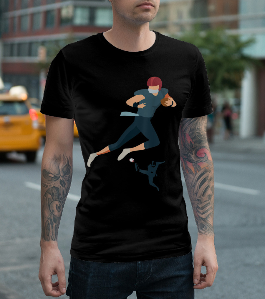 Rugby Game Player in Action with Ball and Red Helmet T-Shirt