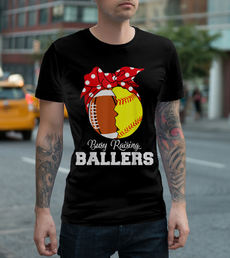 Rugby Softball Busy Raising Ballers Mothers Polka Dot Bow Football Softball T-Shirt