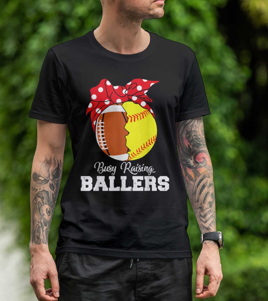 Rugby Softball Busy Raising Ballers Mothers Polka Dot Bow Football Softball T-Shirt