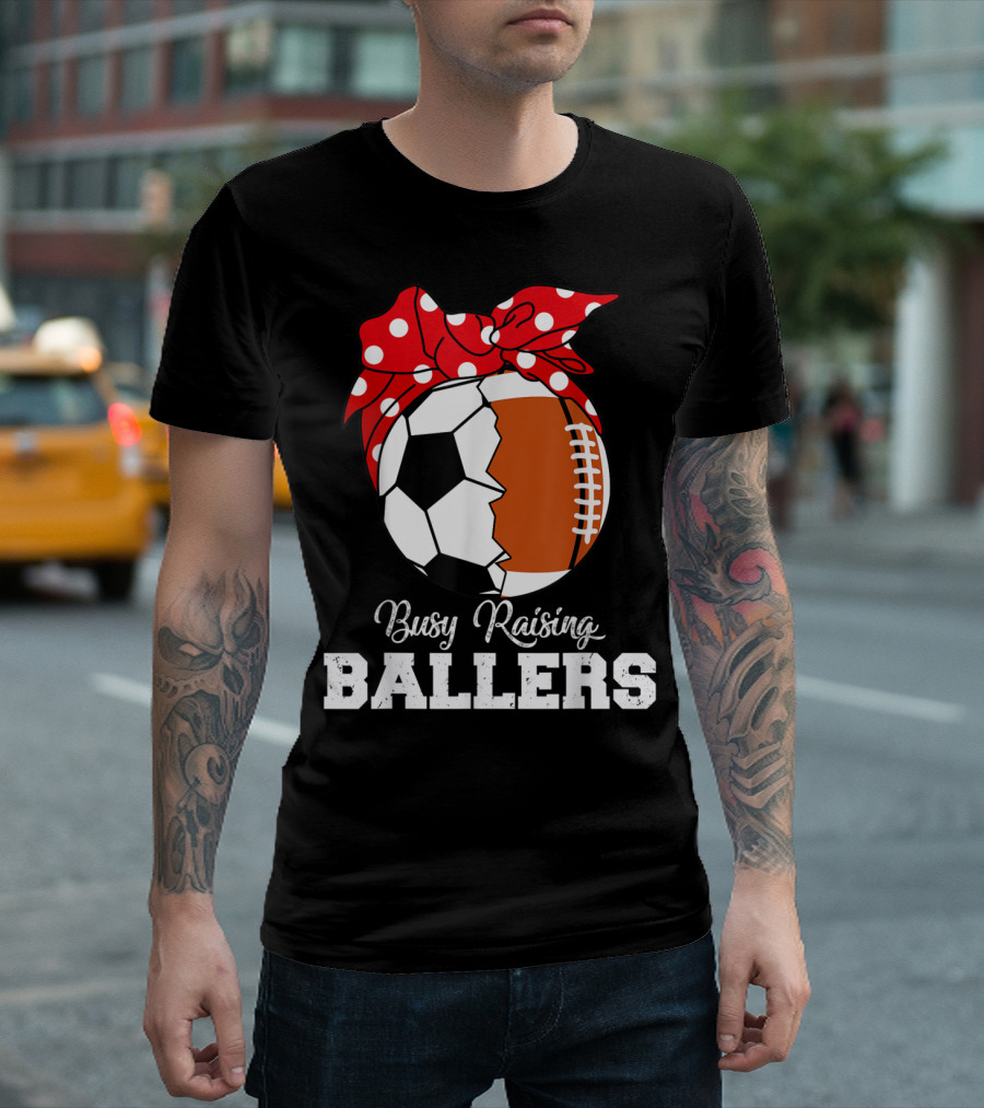 Busy Raising Ballers Soccer Rugby Ball Polka Dot Bandana T-Shirt
