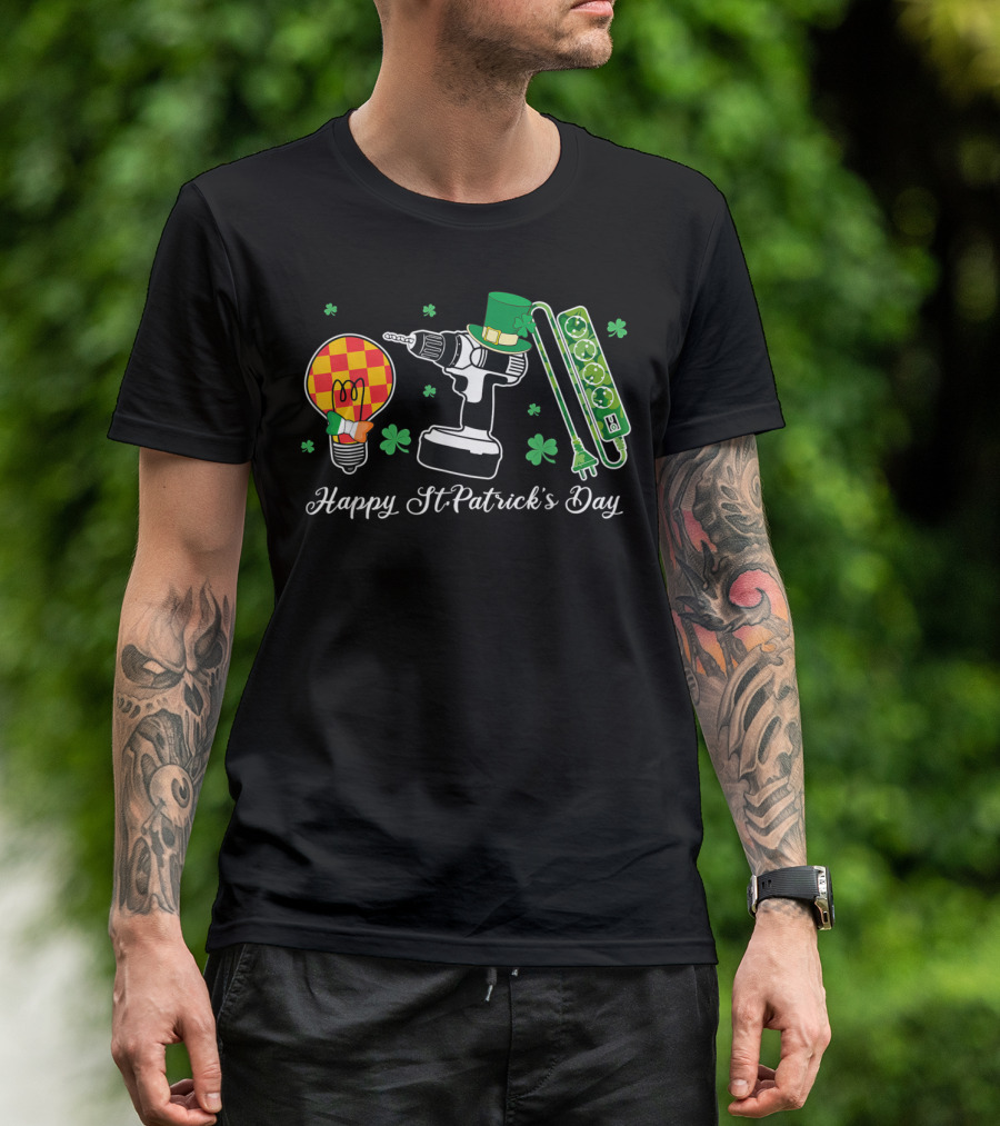 Happy St Patrick's Day Light Bulb Drill Socket Electrician T-Shirt