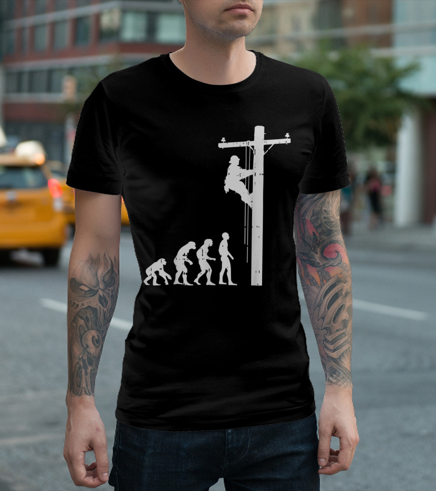 Lineman Evolution Funny Power Electrical Climbing Pole Progression T-Shirt
