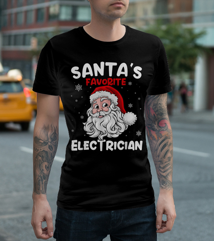 Santa's Favorite Electrician Snowflake Bearded Santa Face Christmas Hat T-Shirt
