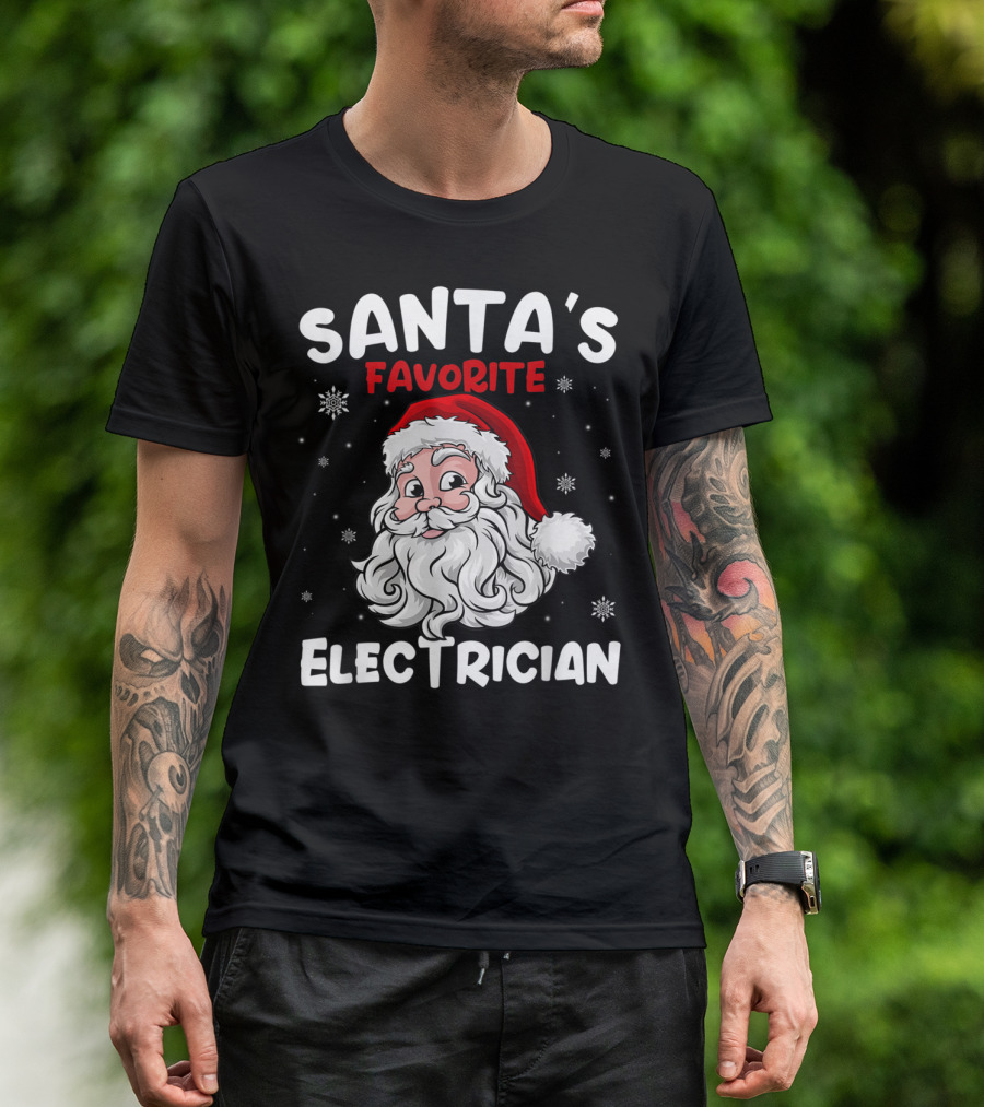 Santa's Favorite Electrician Snowflake Bearded Santa Face Christmas Hat T-Shirt