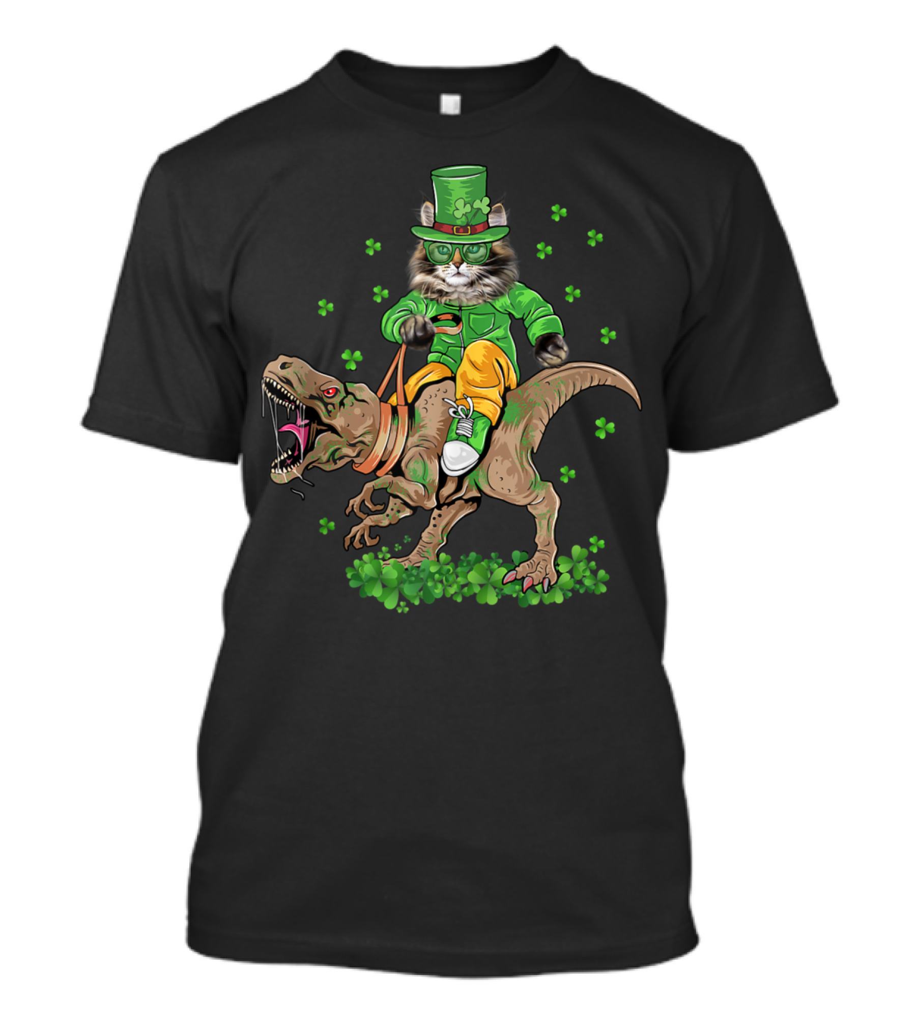 Cool Maine Coon Cat In Leprechaun Hat Riding Dinosaur Rex With Shamrocks T-Shirt