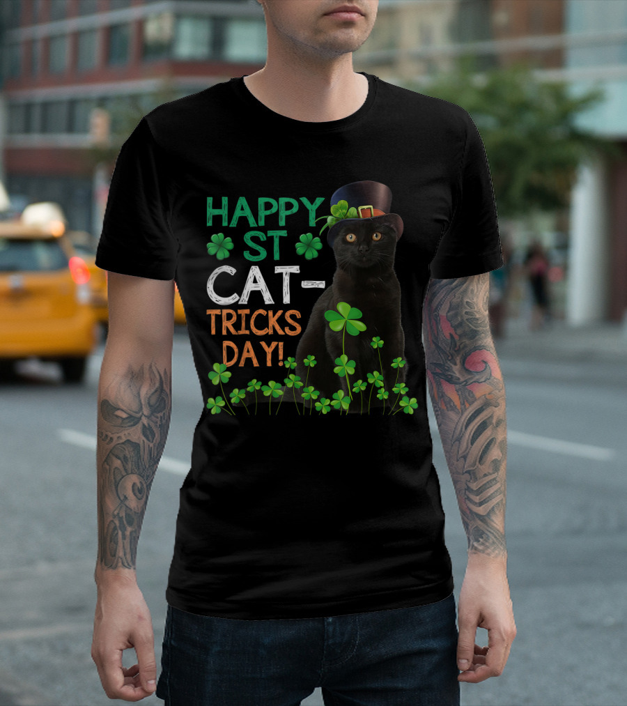 Happy St Cat Tricks Day Cat Leprechaun Hat Shamrocks T-Shirt