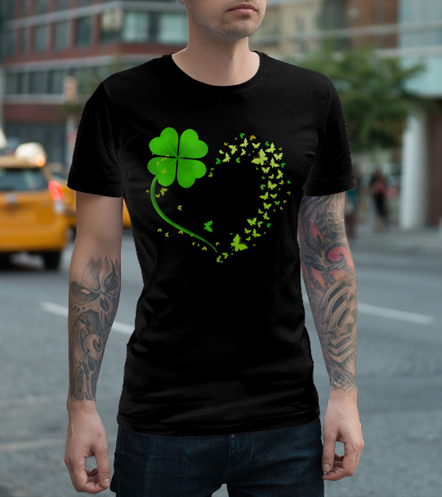 Heart-Shaped Shamrock And Butterfly Happy St Patrick's Day T-Shirt