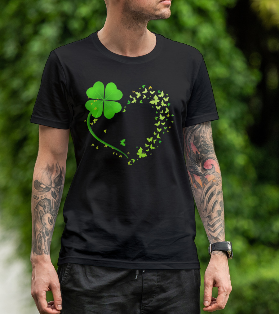 Heart-Shaped Shamrock And Butterfly Happy St Patrick's Day T-Shirt
