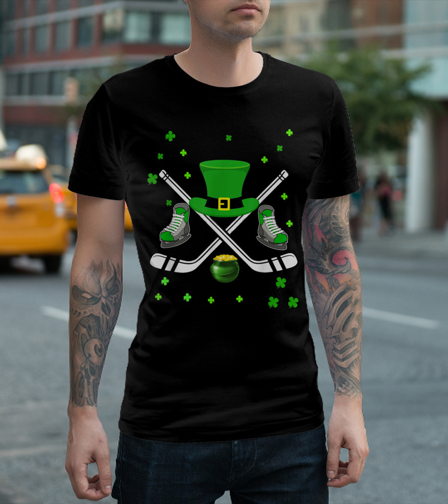 Leprechaun Hat Hockey Sticks Skates Shamrock Gold Pot Iconic Symbols T-Shirt