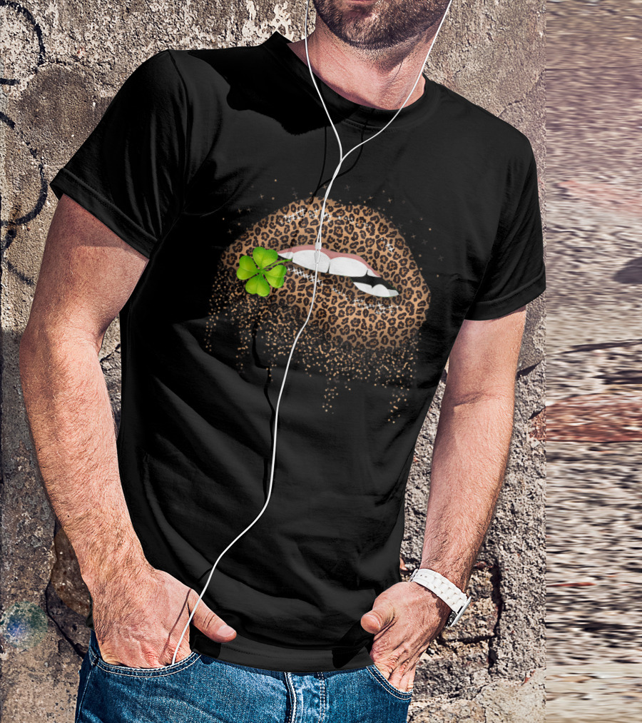 Leopard Lips Kiss Me Irish Shamrock Mouth T-Shirt