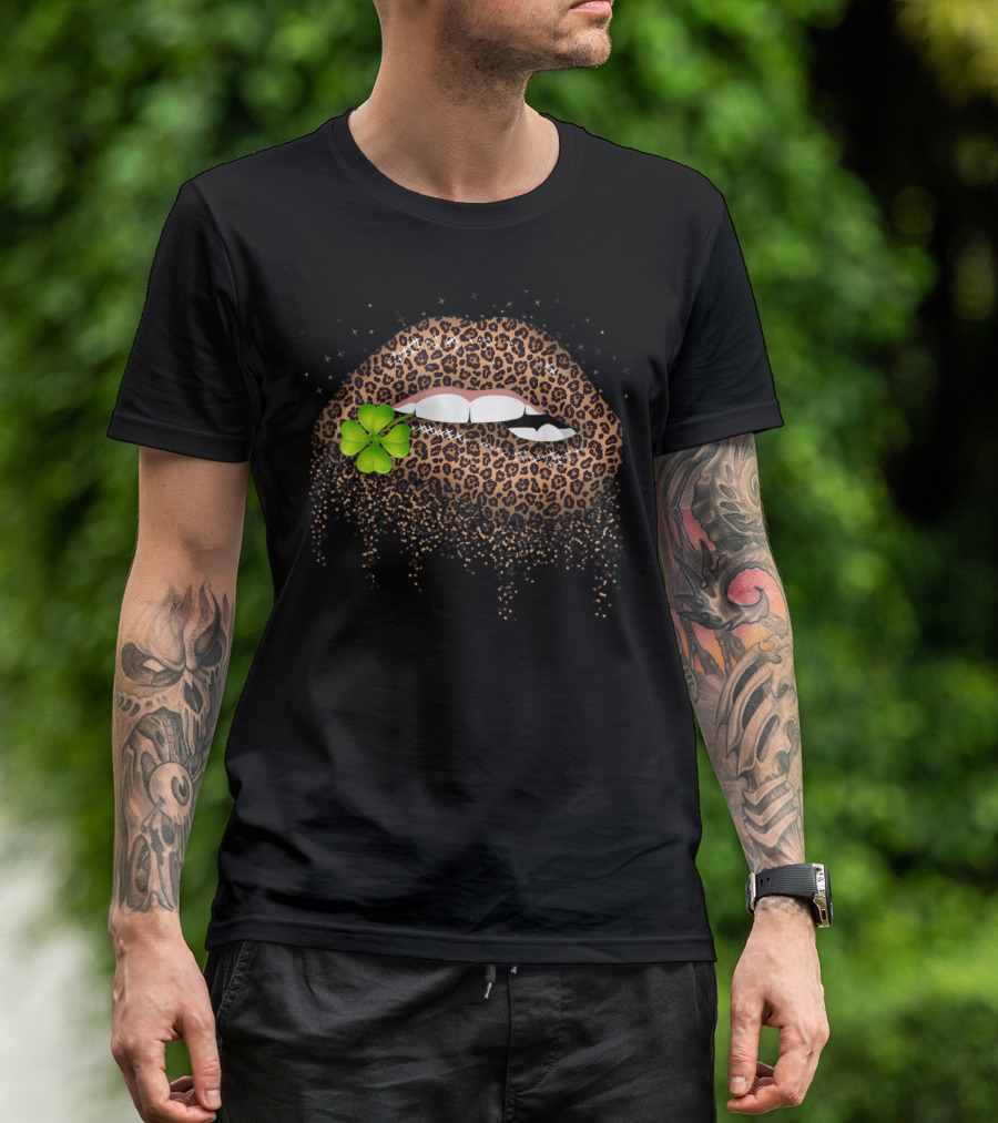 Leopard Lips Kiss Me Irish Shamrock Mouth T-Shirt