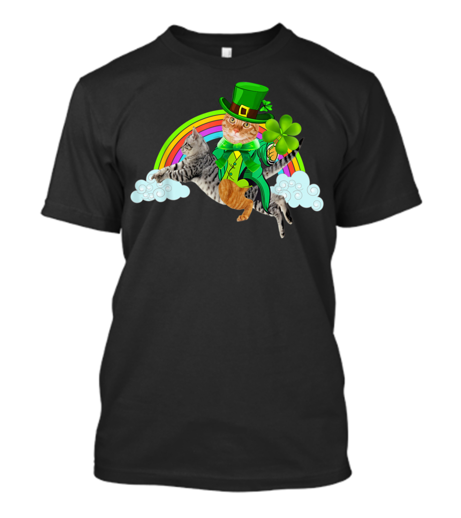 Leprechaun Cat Holding Shamrock Riding Cat With Rainbow Clouds St Patricks T-Shirt