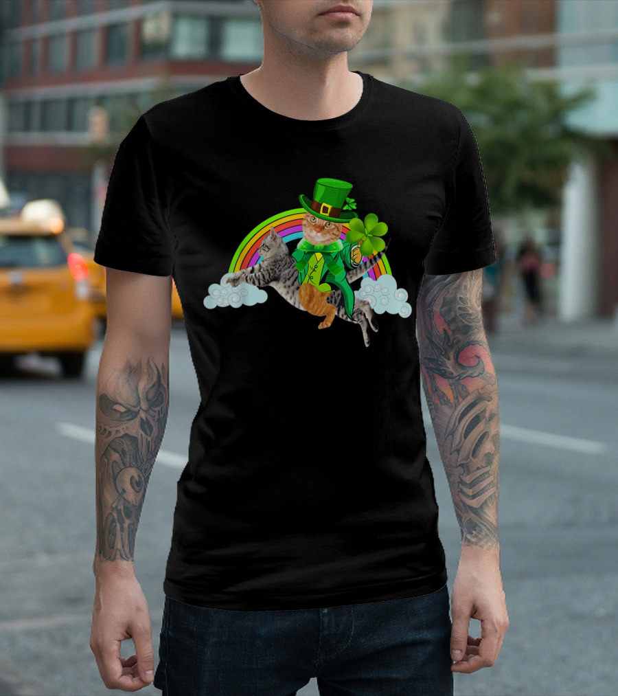 Leprechaun Cat Holding Shamrock Riding Cat With Rainbow Clouds St Patricks T-Shirt