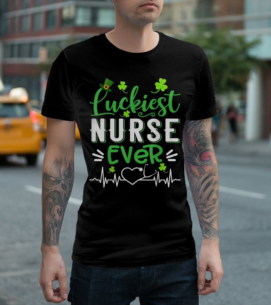 Luckiest Nurse Ever Shamrock Top Hat Heartbeat Stethoscope T-Shirt