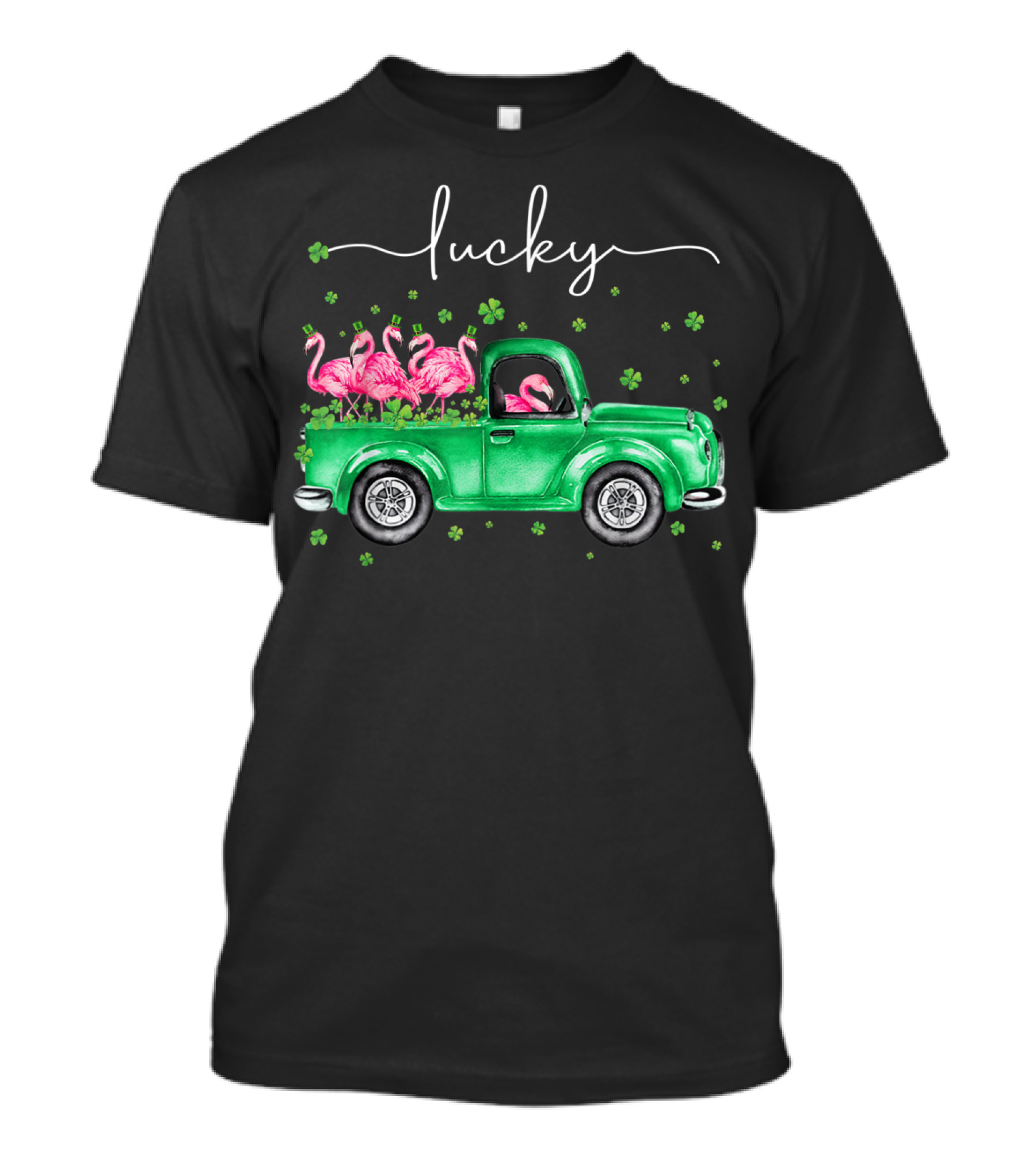 Lucky Pink Flamingos In Green Truck With Shamrocks T-Shirt