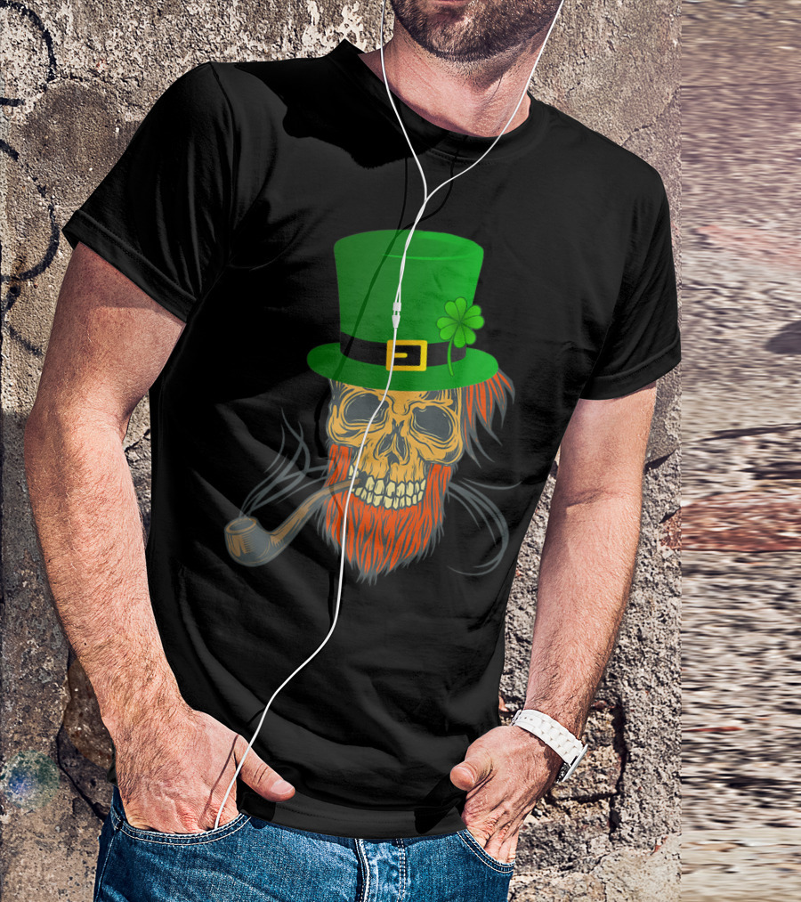 Saint Patrick's Day Skull With Pipe And Green Top Hat T-Shirt