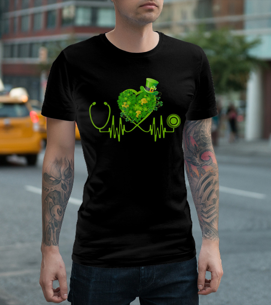 Nurse Stethoscope Heartbeat Irish Shamrock St Patricks Day Hat T-Shirt