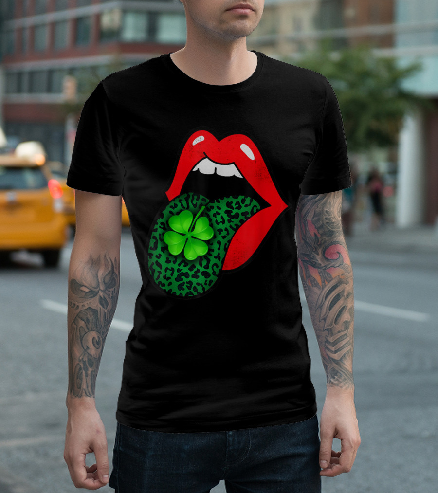 Red Lips Green Leopard Tongue Clover Cheetah Cool T-Shirt