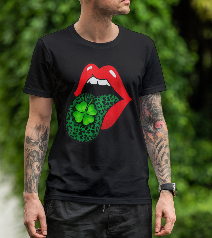 Red Lips Green Leopard Tongue Clover Cheetah Cool T-Shirt