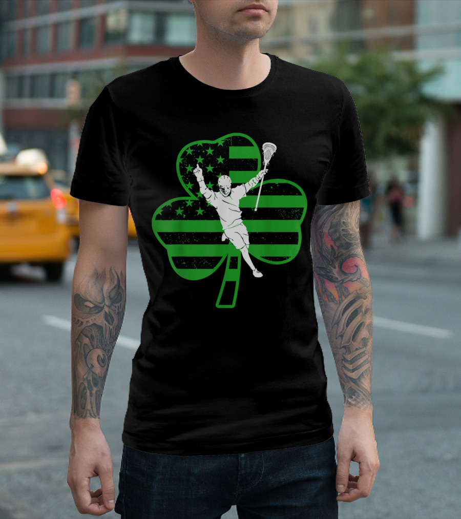 Shamrock American Flag Lacrosse Player Irish Pride T-Shirt