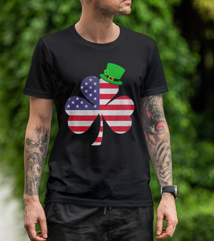 St Patricks Day Shamrock With Irish American Flag And Green Hat T-Shirt